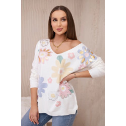 Sieviešu balta blūze ar krāsainiem ziediem Pavasaris Sieviešu balta blūze ar krāsainiem ziediem Pavasaris