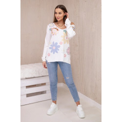Sieviešu balta blūze ar krāsainiem ziediem Pavasaris Sieviešu balta blūze ar krāsainiem ziediem Pavasaris