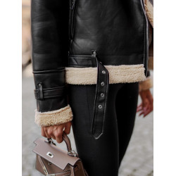 Sieviešu melna ādas jaka ar kažokādu Elen