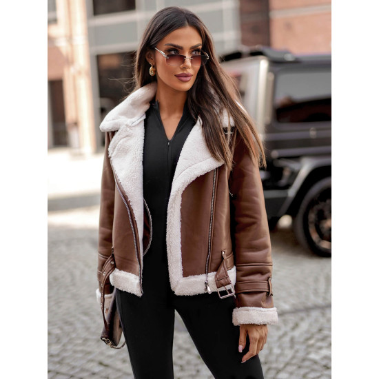 Women's brown leather jacket with fur Elen JS/11Z8177