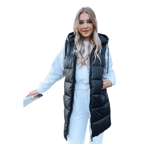 Ilga melna veste ar kapuci Far TY3748 - Sievietēm Ilga melna veste ar kapuci Far TY3748