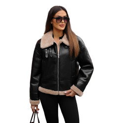 Sieviešu melna ādas jaka ar brūnu kažokādu Maria Sieviešu melna ādas jaka ar brūnu kažokādu Maria