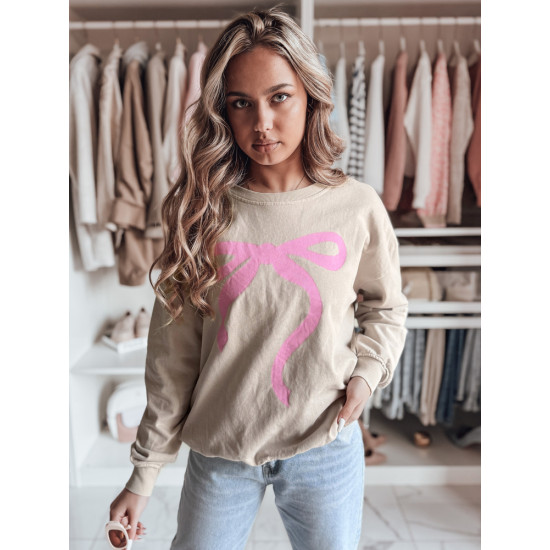 Damski sweter w kolorze brązowym z różową wstążką Cute BY1357 - Działanie Damski sweter w kolorze brązowym z różową wstążką Cute BY1357