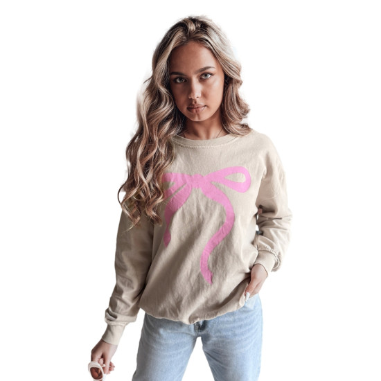Damski sweter w kolorze brązowym z różową wstążką Cute BY1357 - Działanie Damski sweter w kolorze brązowym z różową wstążką Cute BY1357