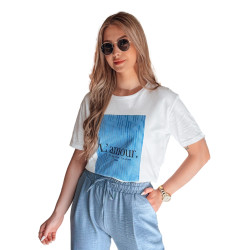 Sieviešu balts ar zilu dizainu T-krekls Lamur Sieviešu balts ar zilu dizainu T-krekls Lamur