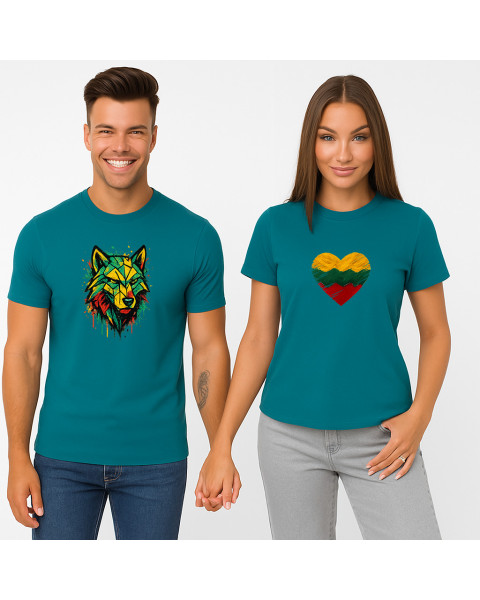 Tirkīza T-kreklu komplekts Heart Geometric Wolf