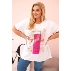 Sieviešu balts T-krekls ar rozā detaļu Day dream Sieviešu balts T-krekls ar rozā detaļu Day dream