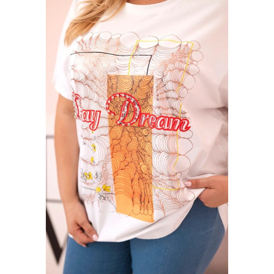 Sieviešu balts T-krekls ar oranžu detaļu Day dream 33320 - Sievietēm Sieviešu balts T-krekls ar oranžu detaļu Day dream 33320