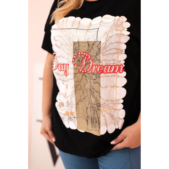 Sieviešu melns t-krekls ar brūnu detaļu Day dream 33317 - Sievietēm Sieviešu melns t-krekls ar brūnu detaļu Day dream 33317