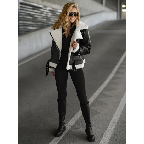 Sieviešu melna ādas jaka ar baltu kažokādu Elen JS/11Z8177