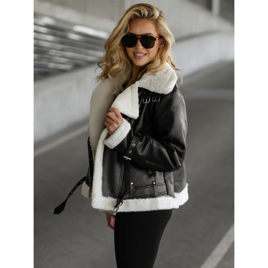 Sieviešu melna ādas jaka ar baltu kažokādu Elen JS/11Z8177