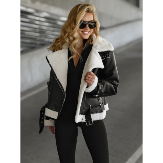 Sieviešu melna ādas jaka ar baltu kažokādu Elen JS/11Z8177