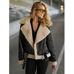 Sieviešu melna ādas jaka ar kažokādu Elen