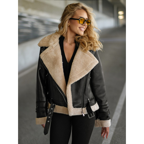 Sieviešu melna ādas jaka ar kažokādu Elen Sieviešu jakas