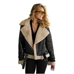 Sieviešu melna ādas jaka ar kažokādu Elen