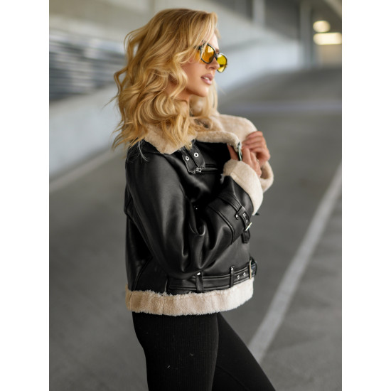 Sieviešu melna ādas jaka ar kažokādu Elen Sieviešu jakas