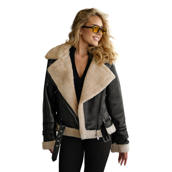 Sieviešu melna ādas jaka ar kažokādu Elen Sieviešu jakas