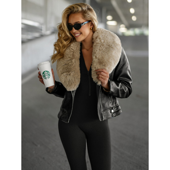 Sieviešu melna ādas jaka ar brūnu kažokādu Laser Jakas