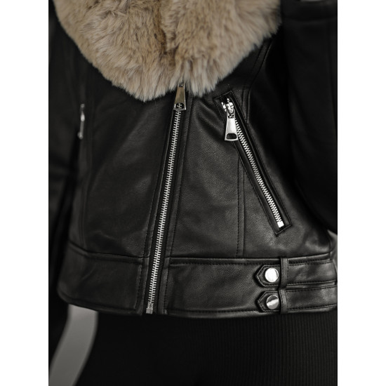 Sieviešu melna ādas jaka ar brūnu kažokādu Laser Jakas