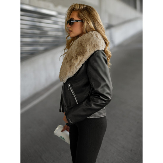 Sieviešu melna ādas jaka ar brūnu kažokādu Laser Jakas
