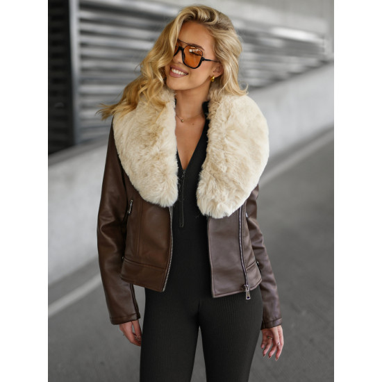 Sieviešu brūna ādas jaka ar kažokādu Lāzers Sieviešu jakas