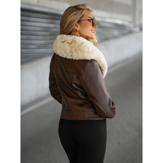 Sieviešu brūna ādas jaka ar kažokādu Lāzers Sieviešu jakas