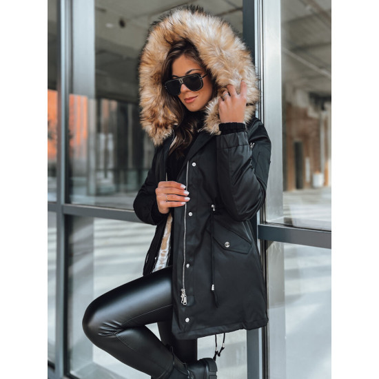 Garnit sieviešu jaka melnā krāsā ar gaišu kažokādu Jakas