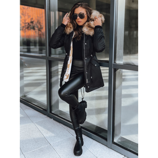 Garnit sieviešu jaka melnā krāsā ar gaišu kažokādu Jakas