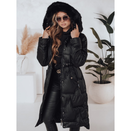 Sieviešu garā ziemas jaka ar kažokādu melnā krāsā Velis Jakas