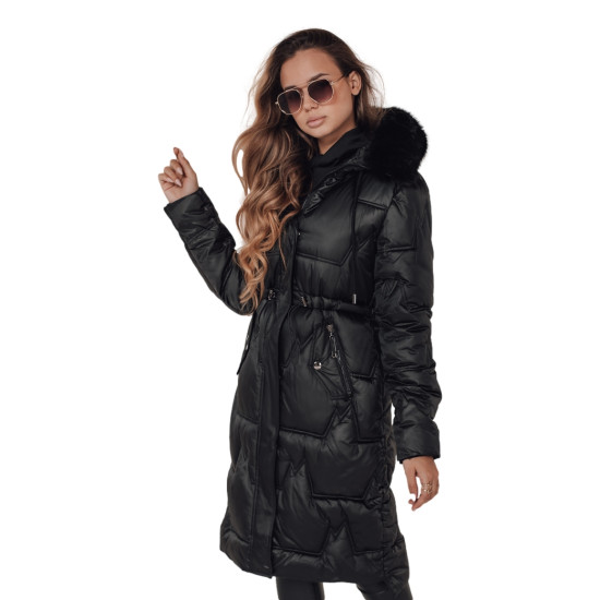 Sieviešu garā ziemas jaka ar kažokādu melnā krāsā Velis Jakas