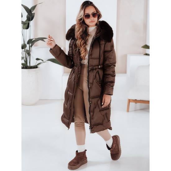 Sieviešu garā ziemas jaka ar kažokādu tumši brūnā krāsā Velis Jakas