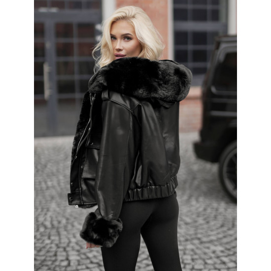 Sieviešu melna ādas jaka ar kažokādu Dersi Jakas