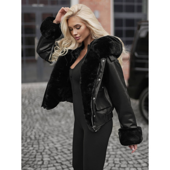 Sieviešu melna ādas jaka ar kažokādu Dersi Jakas