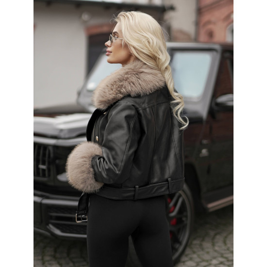 Sieviešu melna ādas jaka ar brūnu kažokādu Elis Jakas