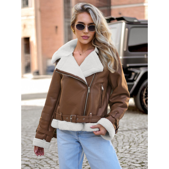 Women's brown leather jacket with fur Elen JS/11Z8177