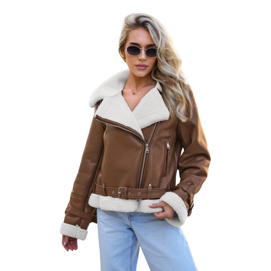 Women's brown leather jacket with fur Elen JS/11Z8177