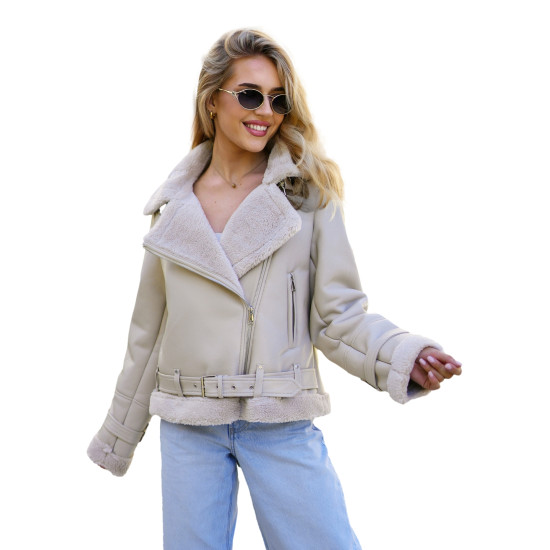 Sieviešu brūna ādas jaka ar kažokādu Elen JS/11Z8177