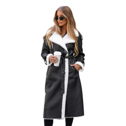 Sieviešu melns, garš ādas mēteli ar mākslīgo kažokādu Emil