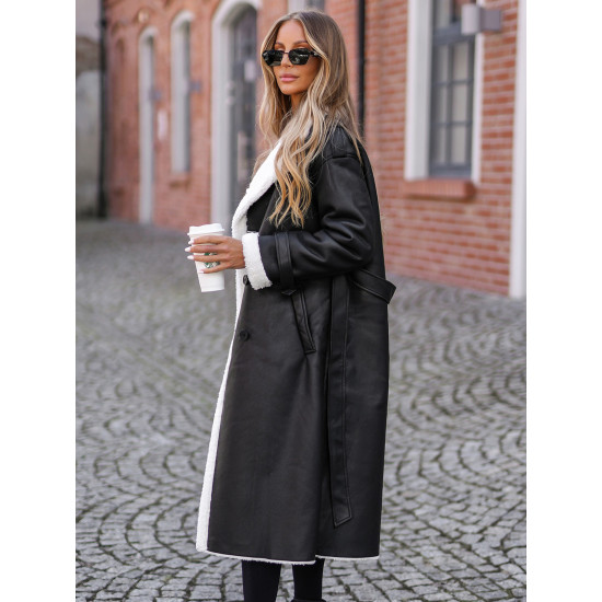 Sieviešu melns, garš ādas mēteli ar mākslīgo kažokādu Emil Jakas