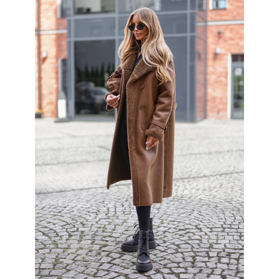 Sieviešu brūns, garš ādas mēteļs ar mākslīgo kažokādu Emil Sieviešu jakas