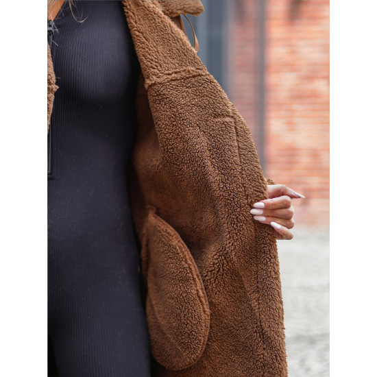 Sieviešu brūns, garš ādas mēteļs ar mākslīgo kažokādu Emil Sieviešu jakas