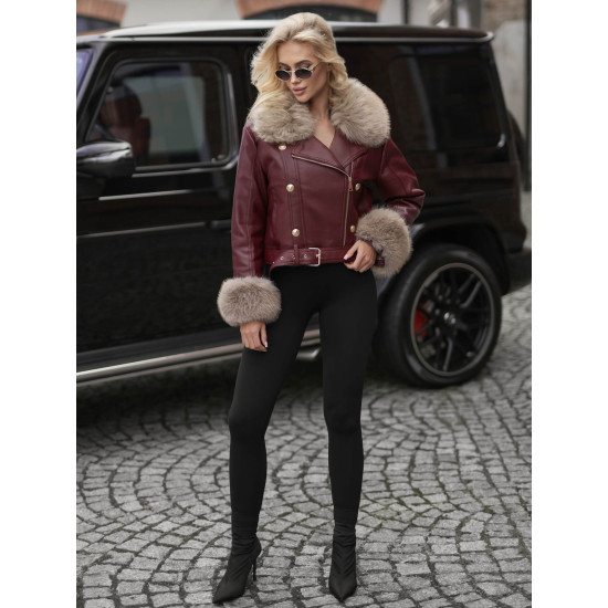 Sieviešu bordo ādas jaka ar brūnu kažokādu Elis Sieviešu jakas