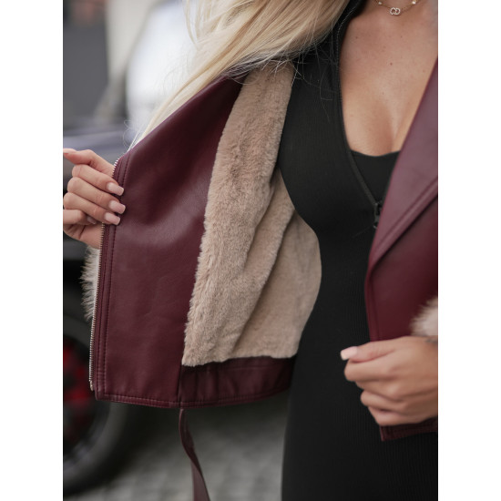 Sieviešu bordo ādas jaka ar brūnu kažokādu Elis Sieviešu jakas