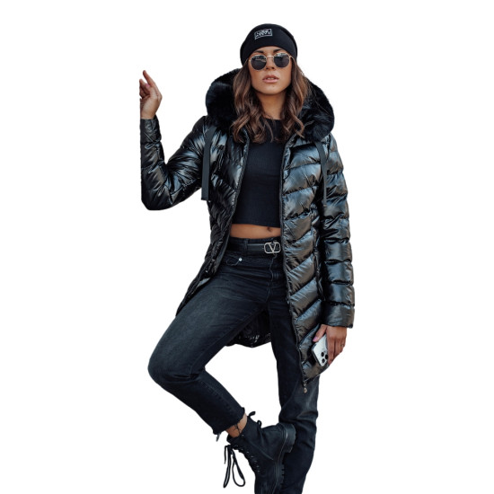 Sieviešu stepēta melna jaka ar melnu kažokādu Crystal Sieviešu jakas