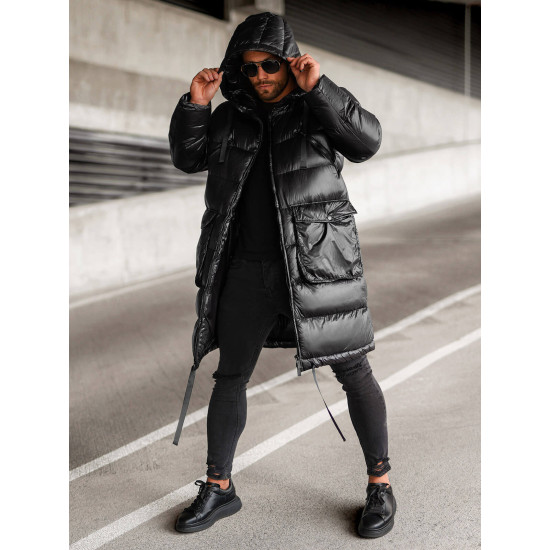 Vīriešu melna spīdīga jaka ar kapuci Monakko O/M3205Z Premium