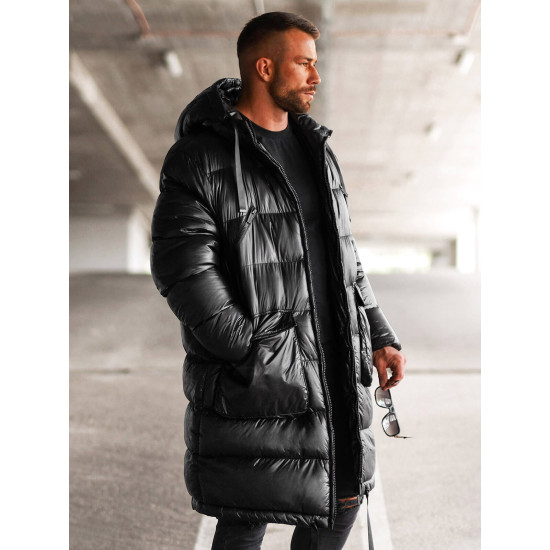 Vīriešu melna spīdīga jaka ar kapuci Monakko O/M3205Z Premium