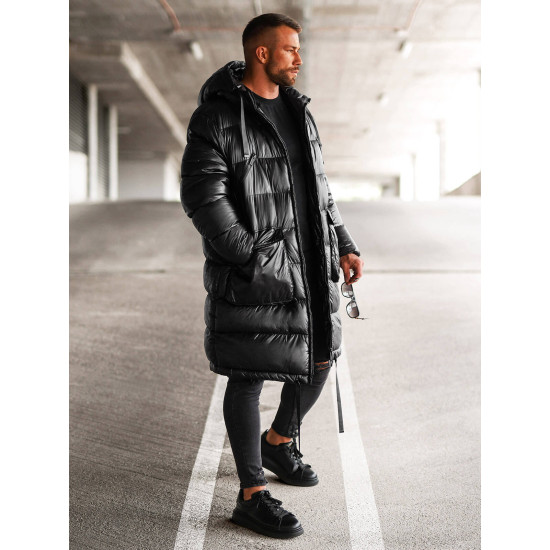 Vīriešu melna spīdīga jaka ar kapuci Monakko O/M3205Z Premium