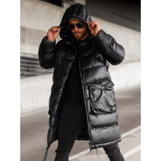 Vīriešu melna spīdīga jaka ar kapuci Monakko O/M3205Z Premium