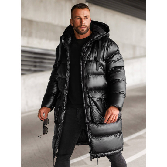 Vīriešu melna spīdīga jaka ar kapuci Monakko O/M3205Z Premium