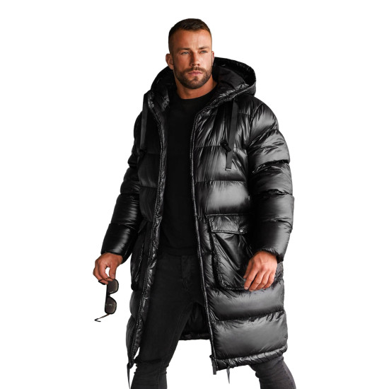 Vīriešu melna spīdīga jaka ar kapuci Monakko O/M3205Z Premium